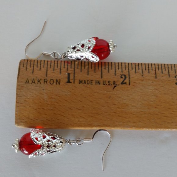 Handmade Red and Silver Filigree Beaded Earrings On Silver Tone Fishhooks 1.75in - Picture 10 of 14